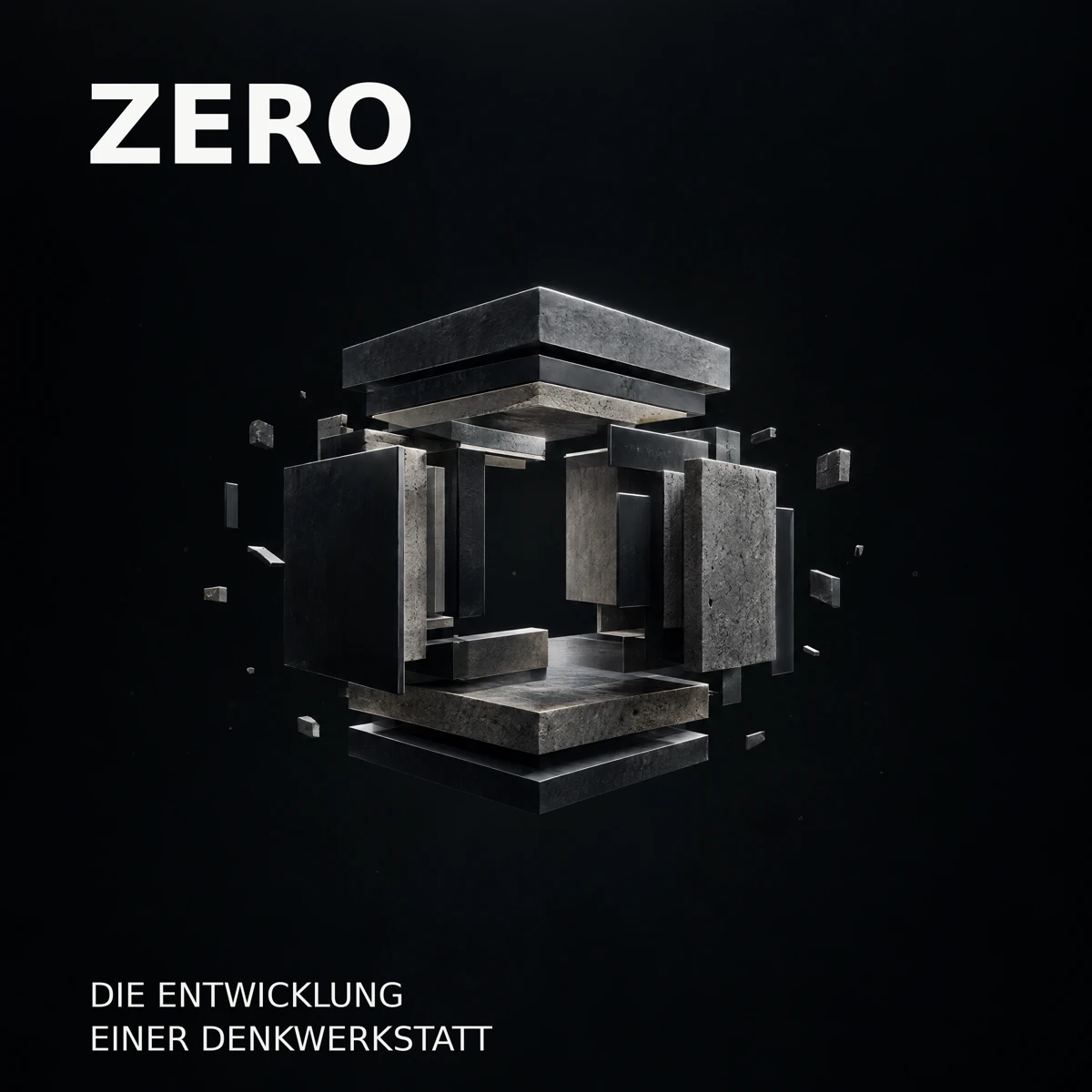 Cover der Audioerzählung: ZERO – Die Entwicklung einer Denkwerkstatt. Ein Würfel öffnet sich in einzelne Elemente.